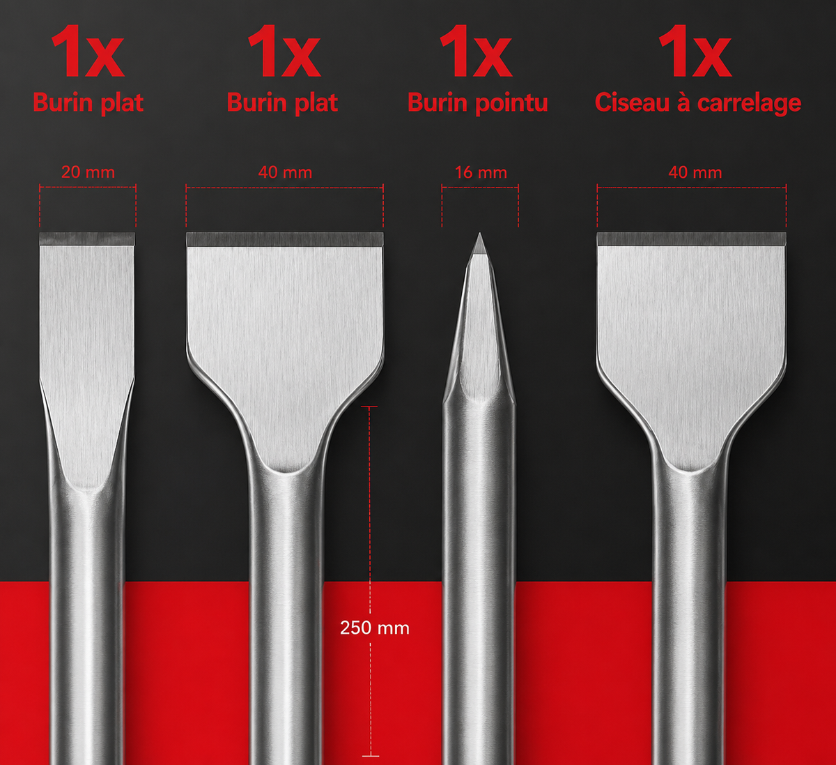 Jeu de 4 burins SDS PLUS 400 mm – Pointu, plats et large pour perforateur