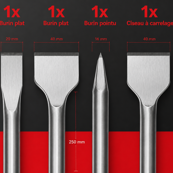 Jeu de 4 burins SDS PLUS 400 mm – Pointu, plats et large pour perforateur